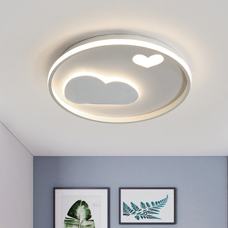 Round Flush Light Fixture Contemporary Metallic Black/White LED Ceiling Mounted Light with Cloud and Heart Pattern in Warm/White Light White Clearhalo 'Ceiling Lights' 'Close To Ceiling Lights' 'Close to ceiling' 'Flush mount' Lighting' 1637135