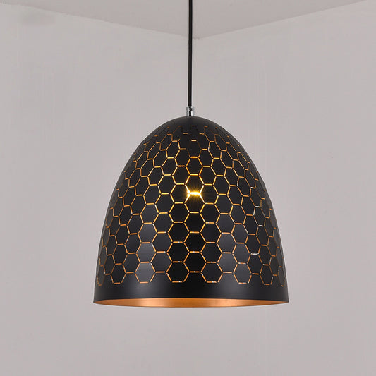1 Bulb Domed Drop Pendant Factory Black Metal Suspension Light with Honeycomb Pattern, 10"/12"/16" Wide Black Clearhalo 'Art Deco Pendants' 'Black' 'Cast Iron' 'Ceiling Lights' 'Ceramic' 'Crystal' 'Industrial Pendants' 'Industrial' 'Metal' 'Middle Century Pendants' 'Pendant Lights' 'Pendants' 'Rustic Pendants' 'Tiffany' Lighting' 1637199