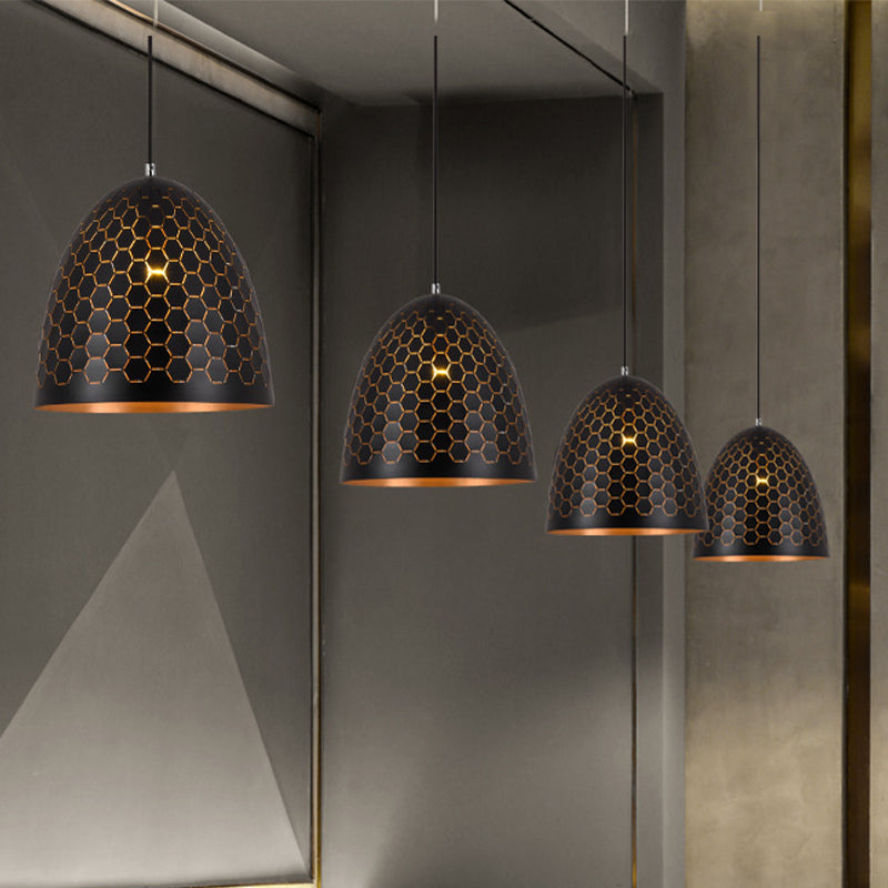 1 Bulb Domed Drop Pendant Factory Black Metal Suspension Light with Honeycomb Pattern, 10"/12"/16" Wide Clearhalo 'Art Deco Pendants' 'Black' 'Cast Iron' 'Ceiling Lights' 'Ceramic' 'Crystal' 'Industrial Pendants' 'Industrial' 'Metal' 'Middle Century Pendants' 'Pendant Lights' 'Pendants' 'Rustic Pendants' 'Tiffany' Lighting' 1637200