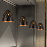 1 Bulb Domed Drop Pendant Factory Black Metal Suspension Light with Honeycomb Pattern, 10"/12"/16" Wide Clearhalo 'Art Deco Pendants' 'Black' 'Cast Iron' 'Ceiling Lights' 'Ceramic' 'Crystal' 'Industrial Pendants' 'Industrial' 'Metal' 'Middle Century Pendants' 'Pendant Lights' 'Pendants' 'Rustic Pendants' 'Tiffany' Lighting' 1637200