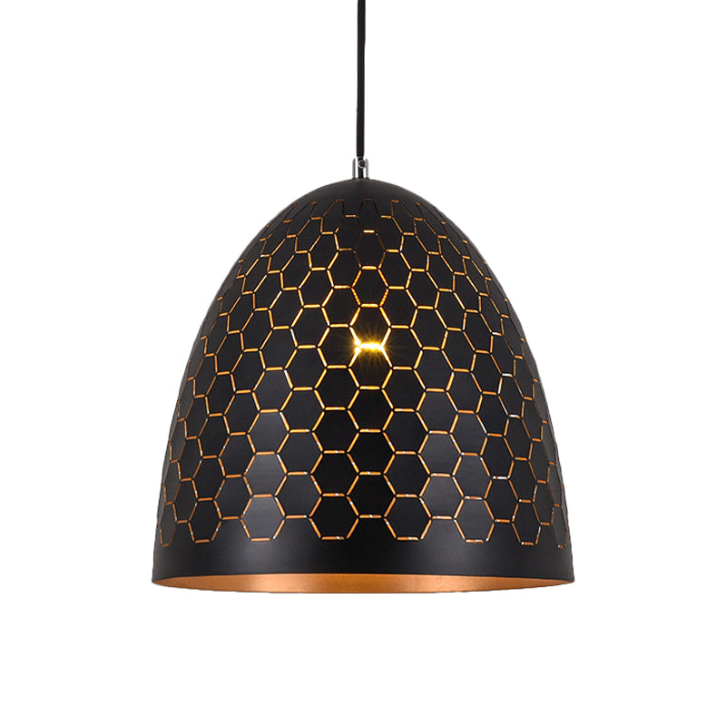 1 Bulb Domed Drop Pendant Factory Black Metal Suspension Light with Honeycomb Pattern, 10"/12"/16" Wide Clearhalo 'Art Deco Pendants' 'Black' 'Cast Iron' 'Ceiling Lights' 'Ceramic' 'Crystal' 'Industrial Pendants' 'Industrial' 'Metal' 'Middle Century Pendants' 'Pendant Lights' 'Pendants' 'Rustic Pendants' 'Tiffany' Lighting' 1637201