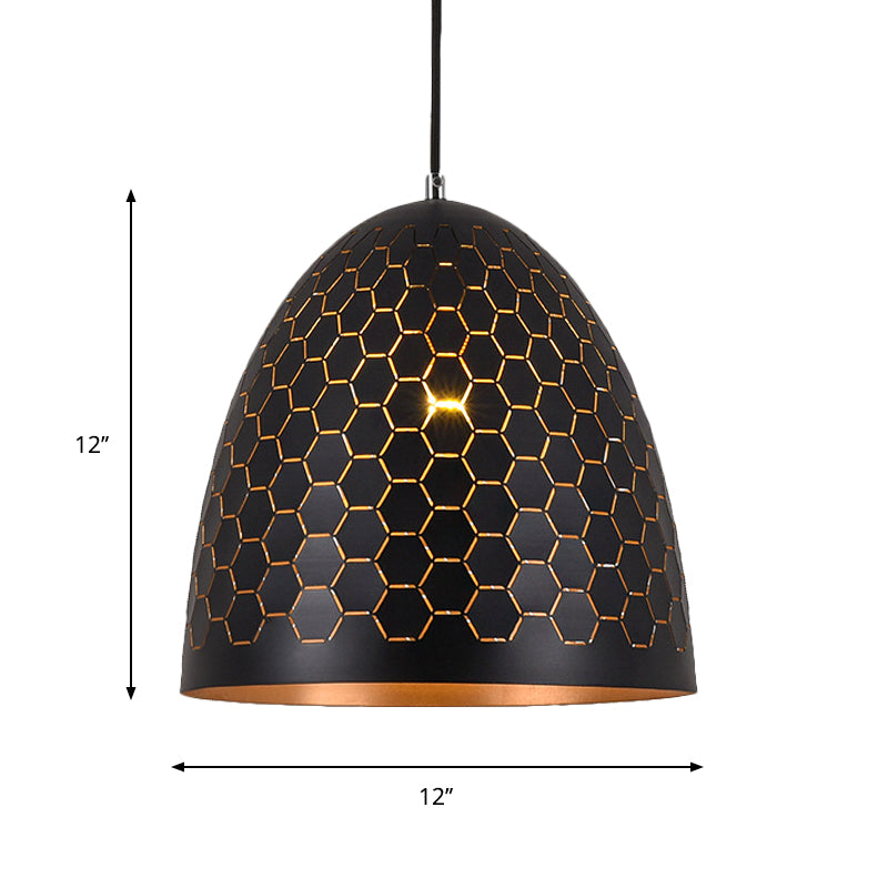 1 Bulb Domed Drop Pendant Factory Black Metal Suspension Light with Honeycomb Pattern, 10"/12"/16" Wide Clearhalo 'Art Deco Pendants' 'Black' 'Cast Iron' 'Ceiling Lights' 'Ceramic' 'Crystal' 'Industrial Pendants' 'Industrial' 'Metal' 'Middle Century Pendants' 'Pendant Lights' 'Pendants' 'Rustic Pendants' 'Tiffany' Lighting' 1637203