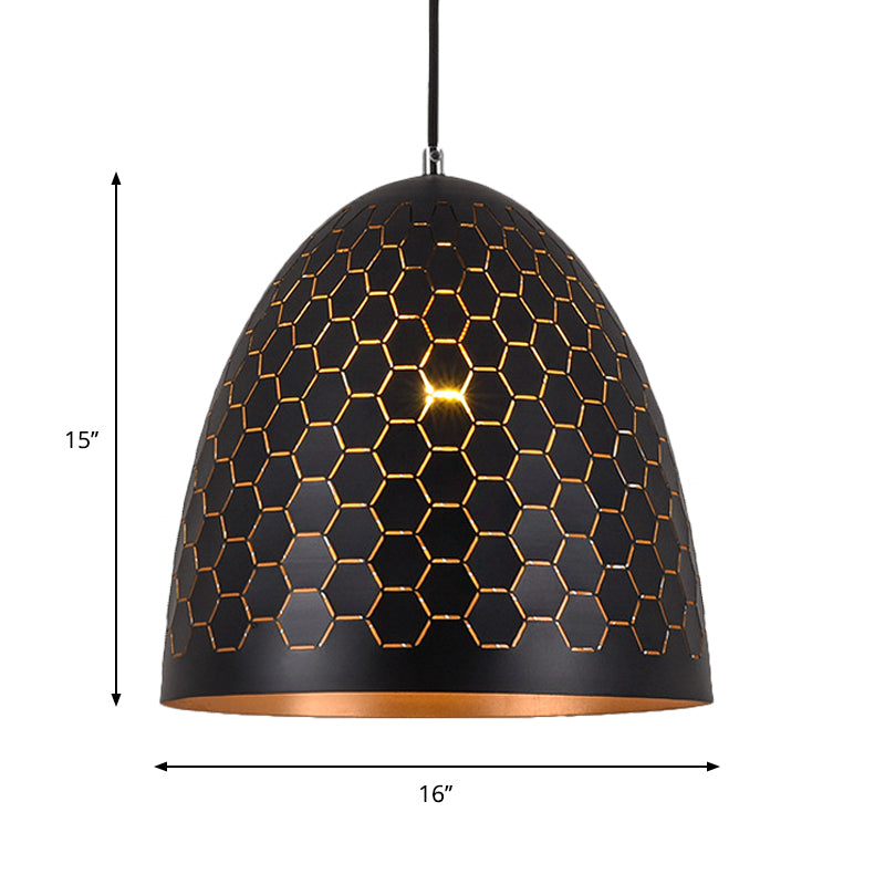 1 Bulb Domed Drop Pendant Factory Black Metal Suspension Light with Honeycomb Pattern, 10"/12"/16" Wide Clearhalo 'Art Deco Pendants' 'Black' 'Cast Iron' 'Ceiling Lights' 'Ceramic' 'Crystal' 'Industrial Pendants' 'Industrial' 'Metal' 'Middle Century Pendants' 'Pendant Lights' 'Pendants' 'Rustic Pendants' 'Tiffany' Lighting' 1637204