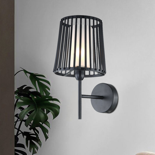 Single Light Wall Mount Lamp Farmhouse Cone Frame Metallic Wall Sconce Lighting with Cylinder Opal Glass Shade in Black Black Clearhalo 'Art deco wall lights' 'Cast Iron' 'Glass' 'Industrial wall lights' 'Industrial' 'Middle century wall lights' 'Modern' 'Rustic wall lights' 'Tiffany' 'Traditional wall lights' 'Wall Lamps & Sconces' 'Wall Lights' Lighting' 1637205