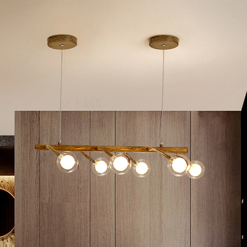 Branching Dining Hall Drop Pendant Industrial Wooden 6/8-Head Brown Island Chandelier with Modo Clear Glass Shade 6 Brown Clearhalo 'Ceiling Lights' 'Island Lights' Lighting' 1637209