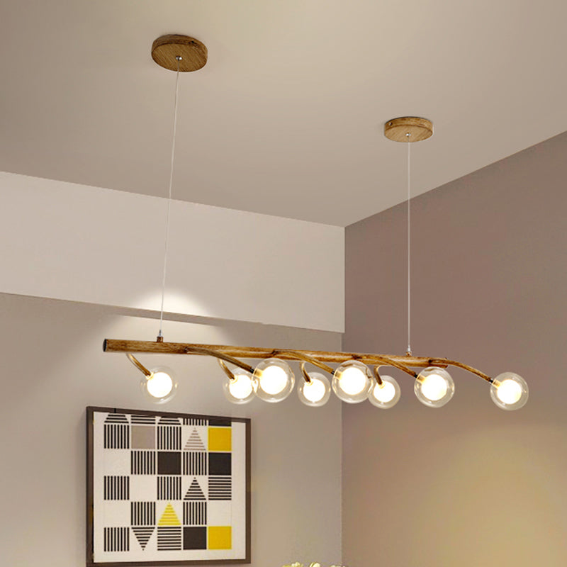 Branching Dining Hall Drop Pendant Industrial Wooden 6/8-Head Brown Island Chandelier with Modo Clear Glass Shade 8 Brown Clearhalo 'Ceiling Lights' 'Island Lights' Lighting' 1637213