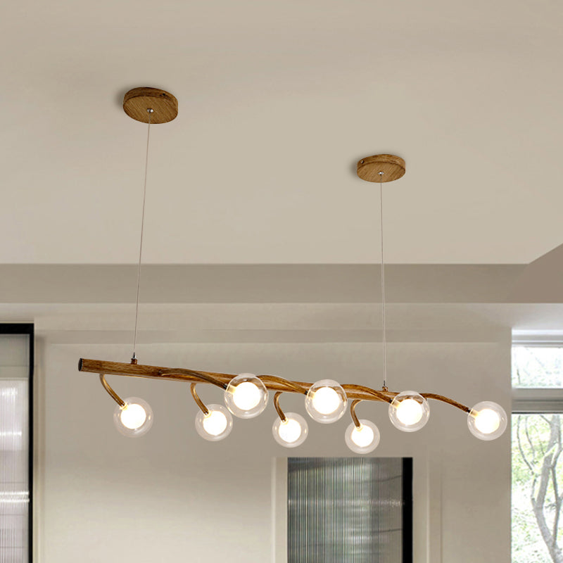 Branching Dining Hall Drop Pendant Industrial Wooden 6/8-Head Brown Island Chandelier with Modo Clear Glass Shade Clearhalo 'Ceiling Lights' 'Island Lights' Lighting' 1637214