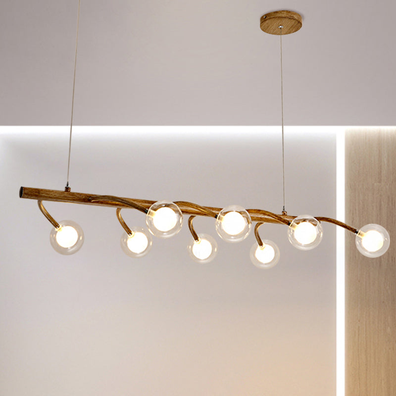 Branching Dining Hall Drop Pendant Industrial Wooden 6/8-Head Brown Island Chandelier with Modo Clear Glass Shade Clearhalo 'Ceiling Lights' 'Island Lights' Lighting' 1637215