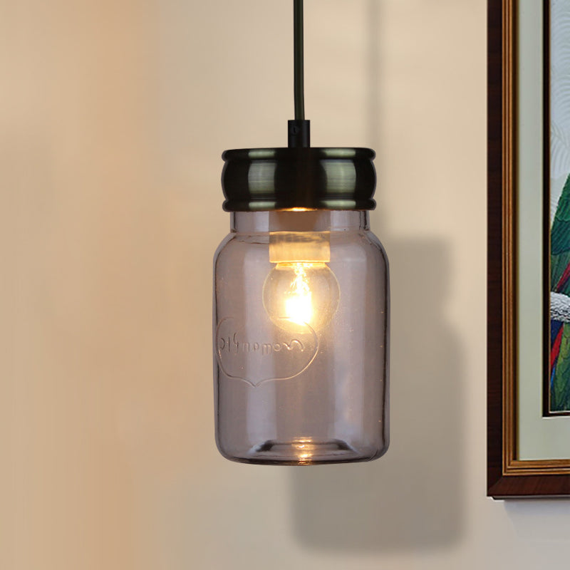 One-Light Jar-Shaped Ceiling Pendant Light Vintage Black Clear Glass Hanging Lamp for Indoor Clearhalo 'Ceiling Lights' 'Glass shade' 'Glass' 'Industrial Pendants' 'Industrial' 'Middle Century Pendants' 'Pendant Lights' 'Pendants' 'Tiffany' Lighting' 163724