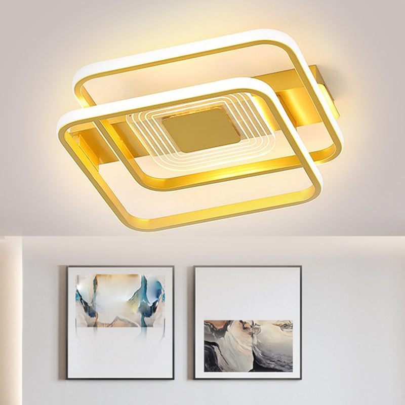 2-Rectangle/Square Flush Mount Lamp Nordic Metal 16.5"/20.5"/35.5" Wide LED Gold Ceiling Lighting, Warm/White Light Gold Clearhalo 'Ceiling Lights' 'Close To Ceiling Lights' 'Close to ceiling' 'Flush mount' Lighting' 1637240