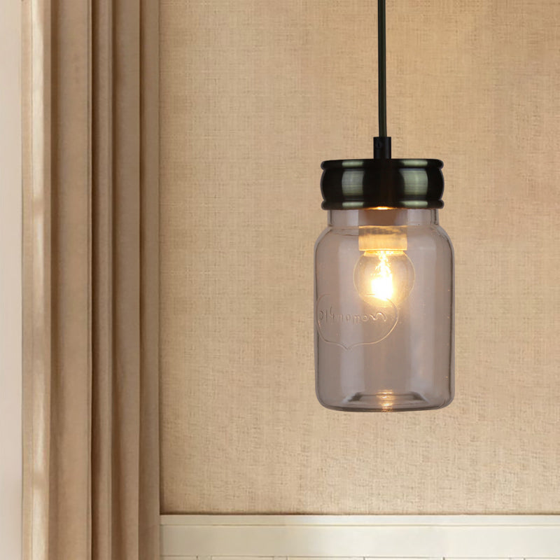 One-Light Jar-Shaped Ceiling Pendant Light Vintage Black Clear Glass Hanging Lamp for Indoor Clearhalo 'Ceiling Lights' 'Glass shade' 'Glass' 'Industrial Pendants' 'Industrial' 'Middle Century Pendants' 'Pendant Lights' 'Pendants' 'Tiffany' Lighting' 163725