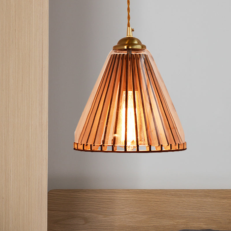 Gold Single Light Pendulum Lamp Farmhouse Amber Glass Cone/Barrel Stranded Rope Down Lighting Pendant Amber Cone Clearhalo 'Ceiling Lights' 'Chandeliers' 'Glass shade' 'Glass' 'Industrial Pendants' 'Industrial' 'Middle Century Pendants' 'Pendant Lights' 'Pendants' 'Tiffany' Lighting' 1637268
