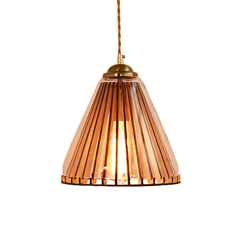 Gold Single Light Pendulum Lamp Farmhouse Amber Glass Cone/Barrel Stranded Rope Down Lighting Pendant Clearhalo 'Ceiling Lights' 'Chandeliers' 'Glass shade' 'Glass' 'Industrial Pendants' 'Industrial' 'Middle Century Pendants' 'Pendant Lights' 'Pendants' 'Tiffany' Lighting' 1637271