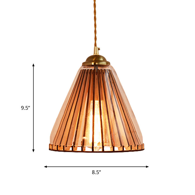 Gold Single Light Pendulum Lamp Farmhouse Amber Glass Cone/Barrel Stranded Rope Down Lighting Pendant Clearhalo 'Ceiling Lights' 'Chandeliers' 'Glass shade' 'Glass' 'Industrial Pendants' 'Industrial' 'Middle Century Pendants' 'Pendant Lights' 'Pendants' 'Tiffany' Lighting' 1637272