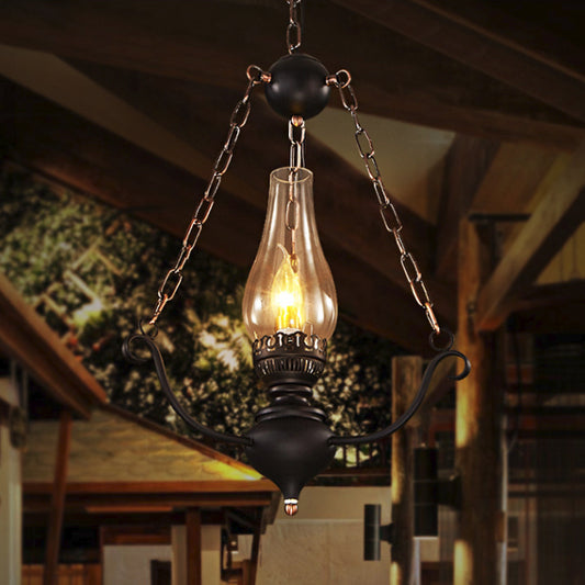 1-Head Ceiling Light Farmhouse Elongated Clear Glass Pendant Lamp Kit with Chain Decor in Black Black Clearhalo 'Art Deco Pendants' 'Black' 'Cast Iron' 'Ceiling Lights' 'Ceramic' 'Crystal' 'Industrial Pendants' 'Industrial' 'Metal' 'Middle Century Pendants' 'Pendant Lights' 'Pendants' 'Rustic Pendants' 'Tiffany' Lighting' 1637277