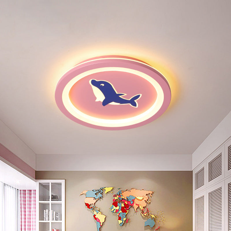 Simplicity LED Flush Mount Lamp with Acrylic Shade Pink Round Dolphin Pattern Flush Ceiling Light for Living Room, Warm/White Light Pink Clearhalo 'Ceiling Lights' 'Close To Ceiling Lights' 'Close to ceiling' 'Flush mount' Lighting' 1637298