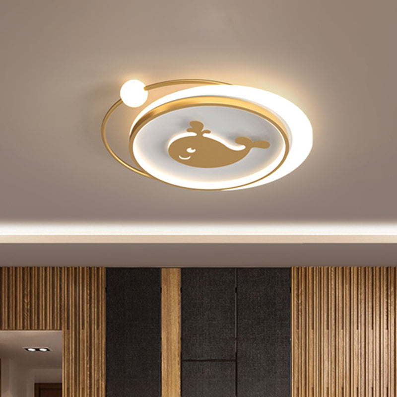 Circular Children Room Ceiling Mounted Fixture Metallic LED Flush Mount Lamp in Gold with Plane/Heart/Dolphin Pattern - Gold - Fish - Clearhalo - 'Ceiling Lights' - 'Close To Ceiling Lights' - 'Close to ceiling' - 'Flush mount' - Lighting' - 1637302