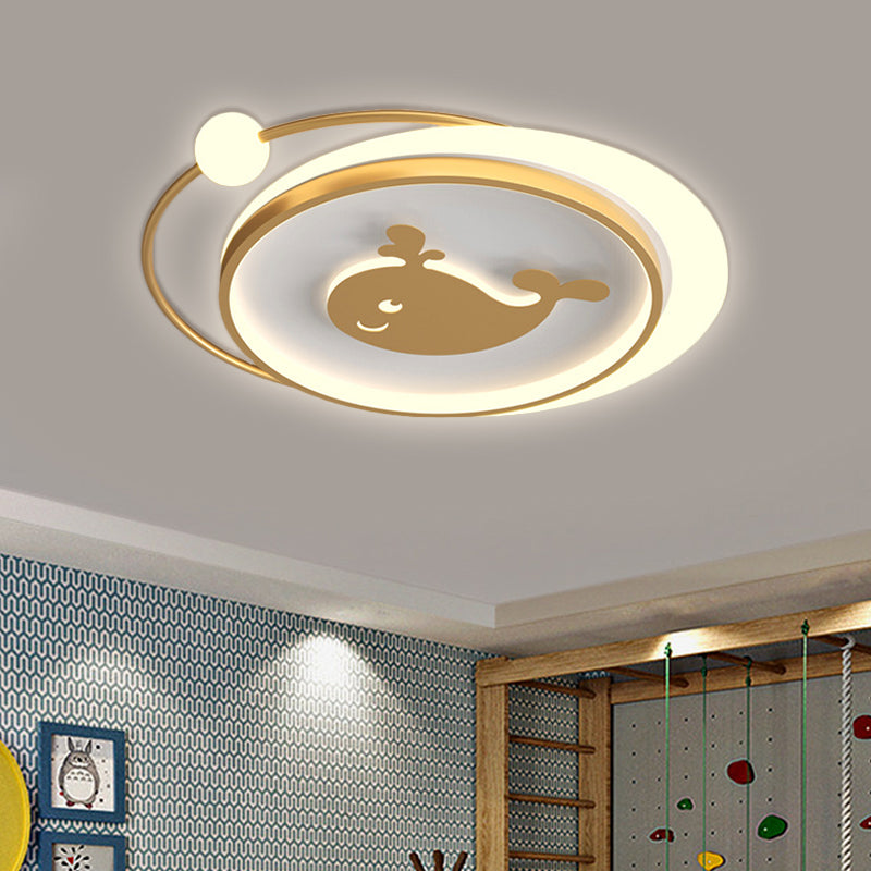 Circular Children Room Ceiling Mounted Fixture Metallic LED Flush Mount Lamp in Gold with Plane/Heart/Dolphin Pattern - Clearhalo - 'Ceiling Lights' - 'Close To Ceiling Lights' - 'Close to ceiling' - 'Flush mount' - Lighting' - 1637303