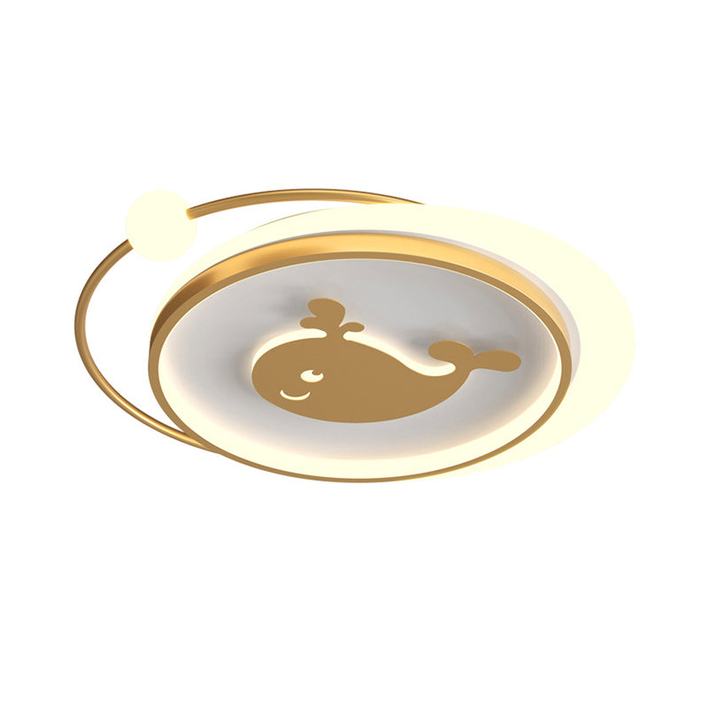 Circular Children Room Ceiling Mounted Fixture Metallic LED Flush Mount Lamp in Gold with Plane/Heart/Dolphin Pattern - Clearhalo - 'Ceiling Lights' - 'Close To Ceiling Lights' - 'Close to ceiling' - 'Flush mount' - Lighting' - 1637304
