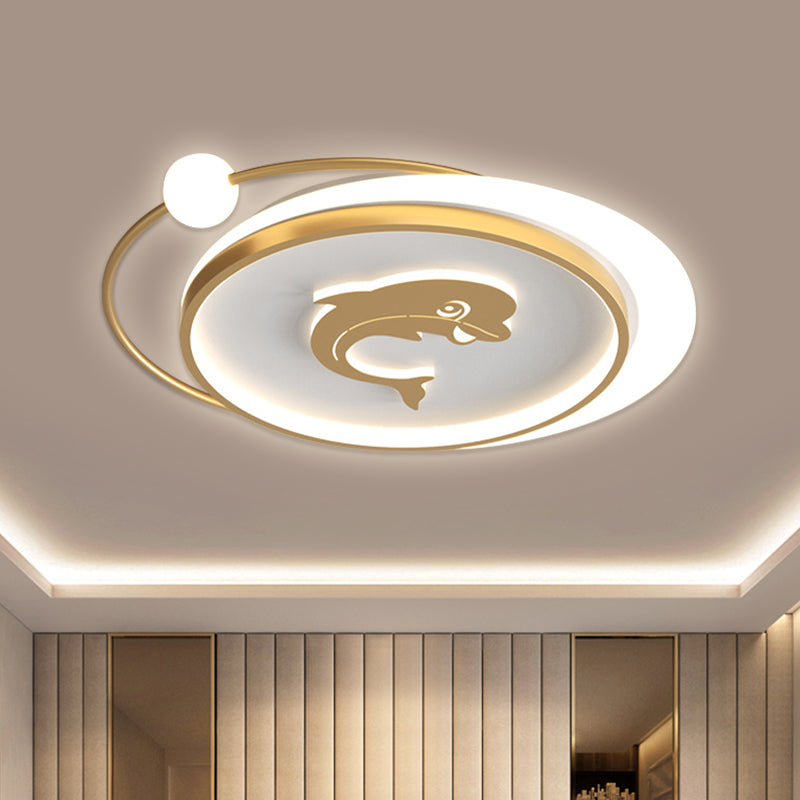 Circular Children Room Ceiling Mounted Fixture Metallic LED Flush Mount Lamp in Gold with Plane/Heart/Dolphin Pattern - Clearhalo - 'Ceiling Lights' - 'Close To Ceiling Lights' - 'Close to ceiling' - 'Flush mount' - Lighting' - 1637308
