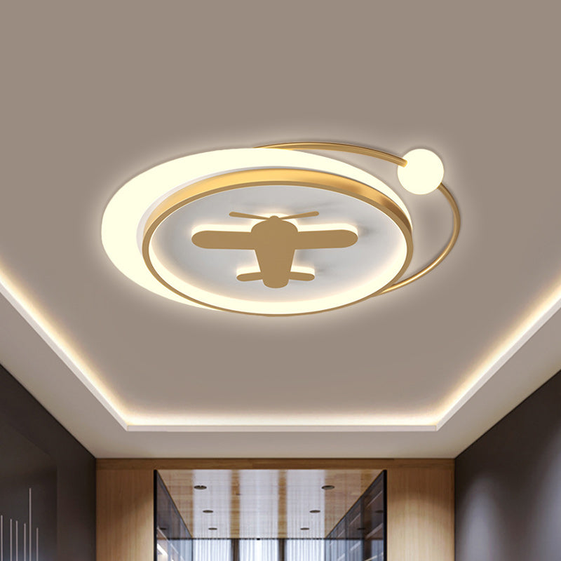 Circular Children Room Ceiling Mounted Fixture Metallic LED Flush Mount Lamp in Gold with Plane/Heart/Dolphin Pattern - Gold - Airplane - Clearhalo - 'Ceiling Lights' - 'Close To Ceiling Lights' - 'Close to ceiling' - 'Flush mount' - Lighting' - 1637311