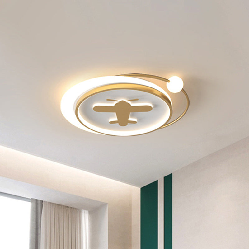 Circular Children Room Ceiling Mounted Fixture Metallic LED Flush Mount Lamp in Gold with Plane/Heart/Dolphin Pattern - Clearhalo - 'Ceiling Lights' - 'Close To Ceiling Lights' - 'Close to ceiling' - 'Flush mount' - Lighting' - 1637312