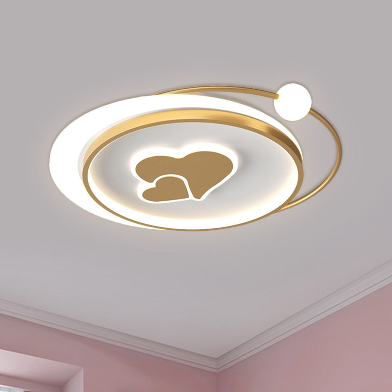 Circular Children Room Ceiling Mounted Fixture Metallic LED Flush Mount Lamp in Gold with Plane/Heart/Dolphin Pattern - Gold - Loving Heart - Clearhalo - 'Ceiling Lights' - 'Close To Ceiling Lights' - 'Close to ceiling' - 'Flush mount' - Lighting' - 1637316