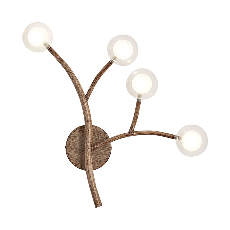 Wooden Brown Wall Mount Light Twig 3/4 Heads Farmhouse Wall Sconce Lighting with Bubble Clear Glass Shade Clearhalo 'Industrial wall lights' 'Industrial' 'Middle century wall lights' 'Rustic wall lights' 'Tiffany' 'Wall Lamps & Sconces' 'Wall Lights' Lighting' 1637478