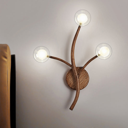 Wooden Brown Wall Mount Light Twig 3/4 Heads Farmhouse Wall Sconce Lighting with Bubble Clear Glass Shade 3.0 Brown Clearhalo 'Industrial wall lights' 'Industrial' 'Middle century wall lights' 'Rustic wall lights' 'Tiffany' 'Wall Lamps & Sconces' 'Wall Lights' Lighting' 1637480
