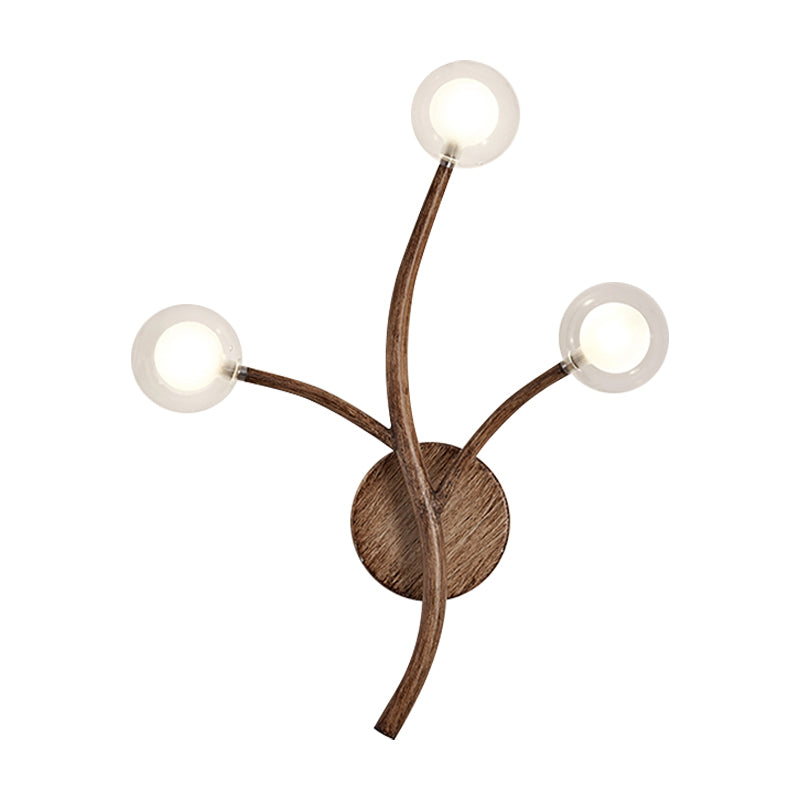 Wooden Brown Wall Mount Light Twig 3/4 Heads Farmhouse Wall Sconce Lighting with Bubble Clear Glass Shade Clearhalo 'Industrial wall lights' 'Industrial' 'Middle century wall lights' 'Rustic wall lights' 'Tiffany' 'Wall Lamps & Sconces' 'Wall Lights' Lighting' 1637482