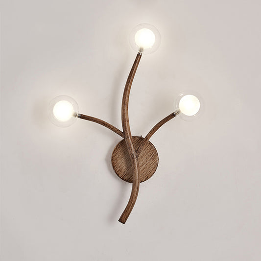Wooden Brown Wall Mount Light Twig 3/4 Heads Farmhouse Wall Sconce Lighting with Bubble Clear Glass Shade Clearhalo 'Industrial wall lights' 'Industrial' 'Middle century wall lights' 'Rustic wall lights' 'Tiffany' 'Wall Lamps & Sconces' 'Wall Lights' Lighting' 1637483