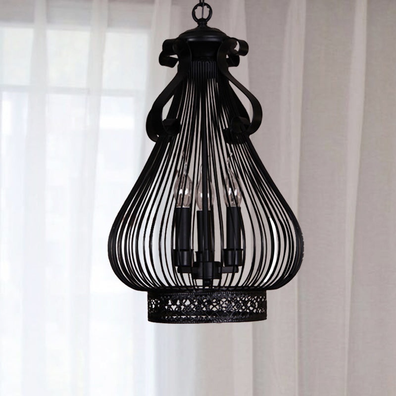 3 Lights Pendant Chandelier Loft Style Gourd-Like Metal Candle Hanging Lamp Kit in Black Black Clearhalo 'Cast Iron' 'Ceiling Lights' 'Chandeliers' 'Industrial Chandeliers' 'Industrial' 'Metal' 'Middle Century Chandeliers' 'Rustic Chandeliers' 'Tiffany' Lighting' 1637489