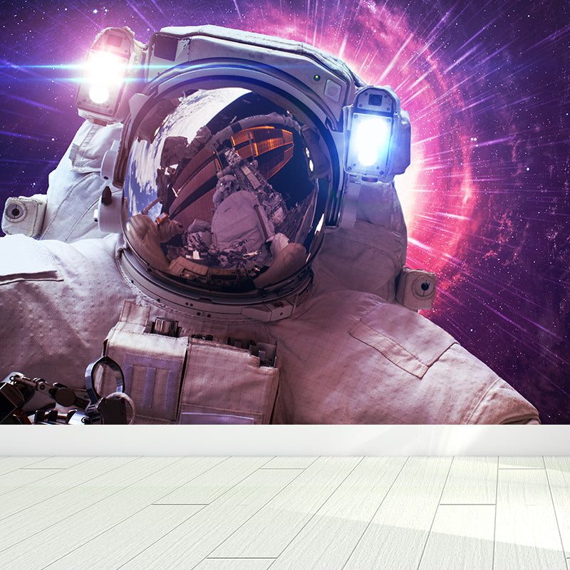 Non-Woven Decorative Wall Mural Sci-Fi Astronaut and Milky Way View Wall Covering Purple Clearhalo 'Wall Decor' 'Wall Mural' 1637503