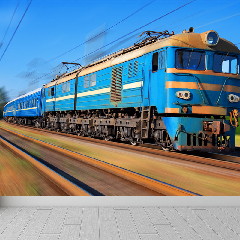 Light Color Train Mural Wallpaper Vehicle Industrial Stain Resistant Wall Covering Blue Clearhalo 'Wall Decor' 'Wall Mural' 1637638