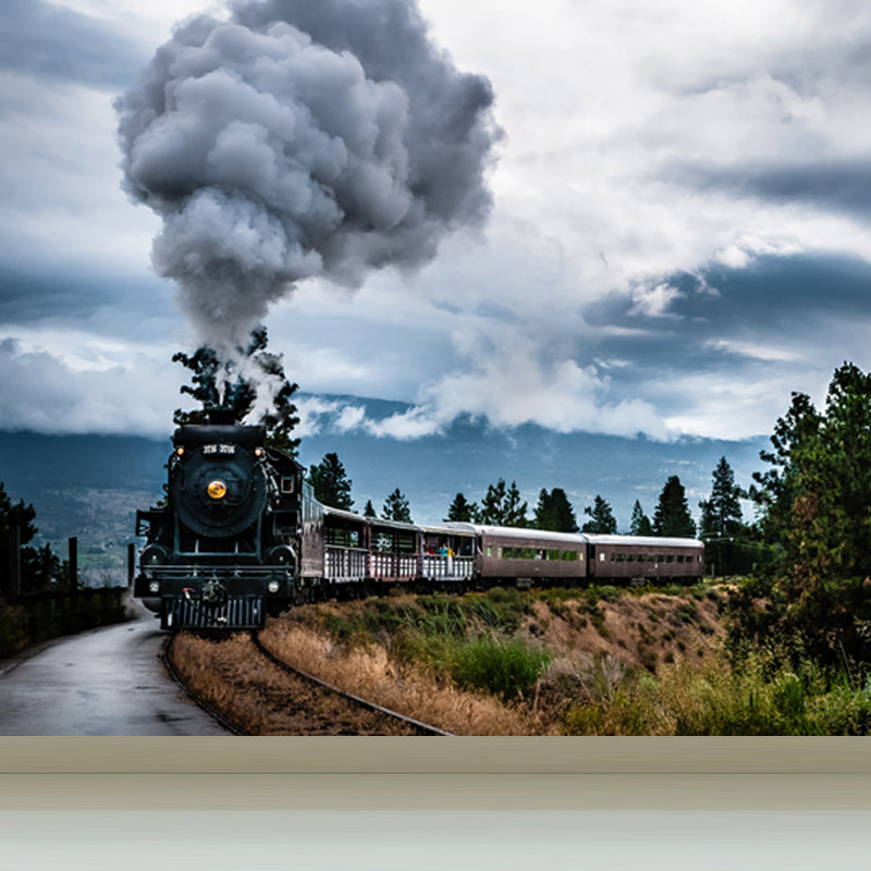 Non-Woven Texture Decorative Mural Decal Steampunk Onrushing Train Wall Covering Clearhalo 'Wall Decor' 'Wall Mural' 1637654