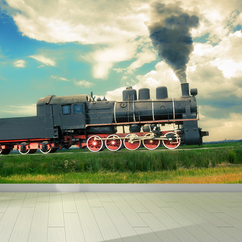 Non-Woven Texture Decorative Mural Decal Steampunk Onrushing Train Wall Covering Green Clearhalo 'Wall Decor' 'Wall Mural' 1637658