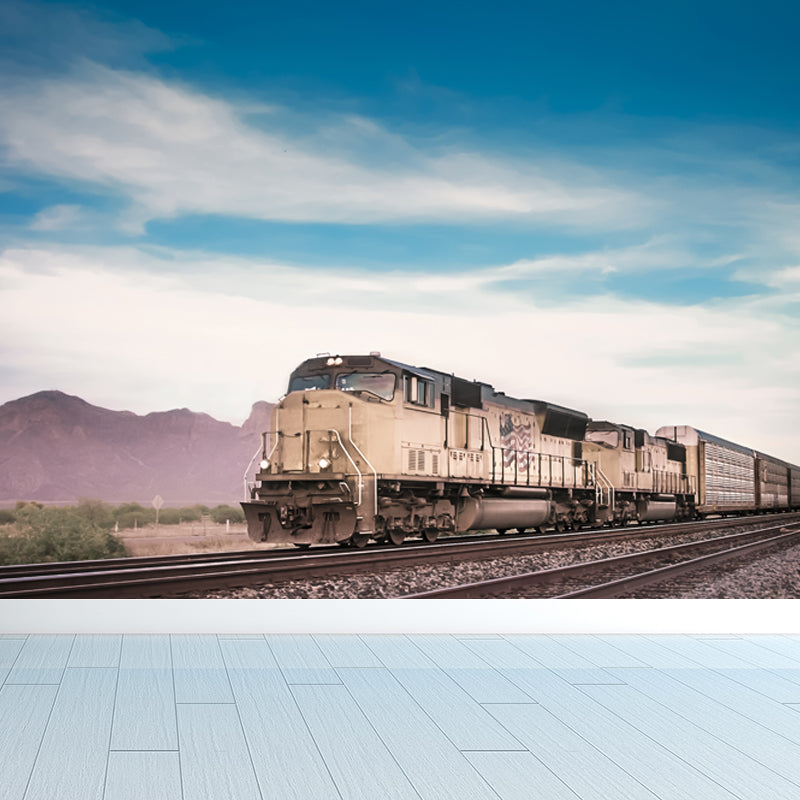 Non-Woven Texture Decorative Mural Decal Steampunk Onrushing Train Wall Covering Blue Clearhalo 'Wall Decor' 'Wall Mural' 1637663