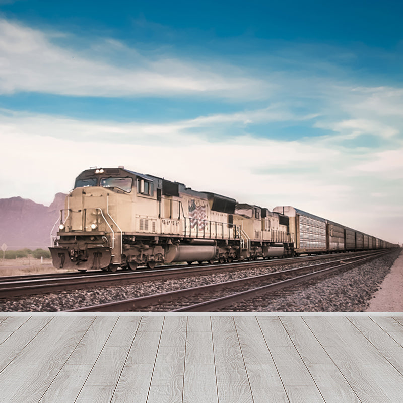 Non-Woven Texture Decorative Mural Decal Steampunk Onrushing Train Wall Covering Clearhalo 'Wall Decor' 'Wall Mural' 1637665