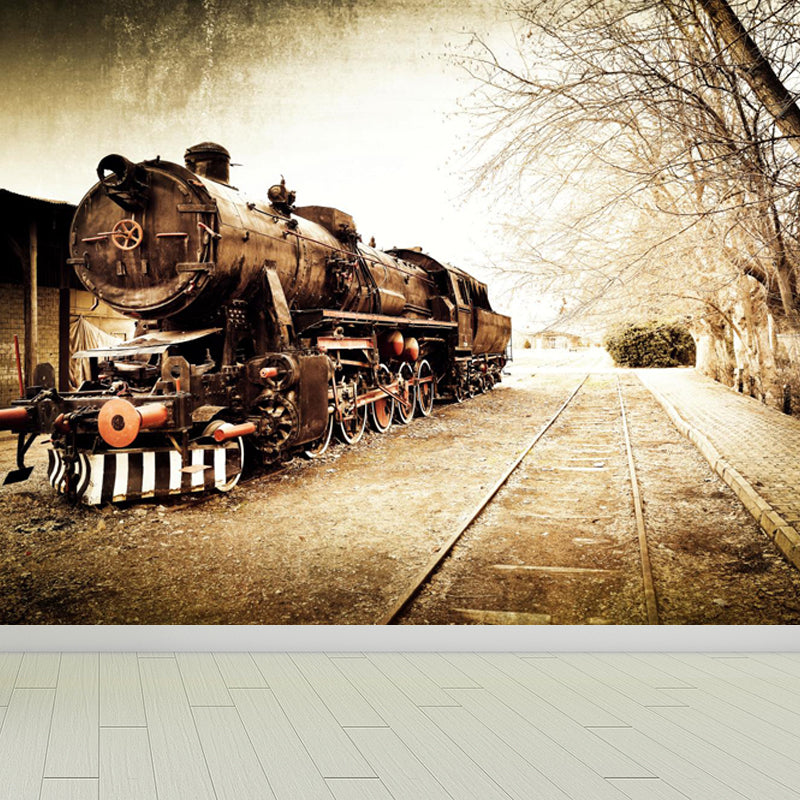 Industrial Autumn Train Wall Mural Soft Color Decorative Wall Art for Living Room Brown Design 2 Clearhalo 'Wall Decor' 'Wall Mural' 1637673