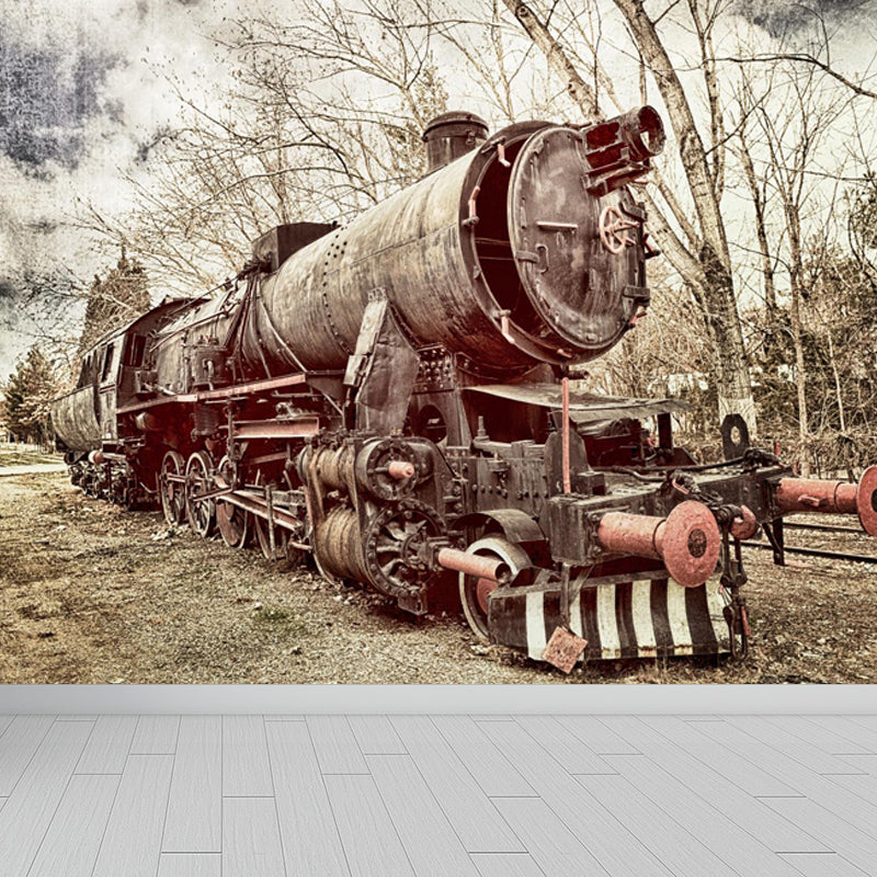 Industrial Autumn Train Wall Mural Soft Color Decorative Wall Art for Living Room Brown Design 4 Clearhalo 'Wall Decor' 'Wall Mural' 1637678