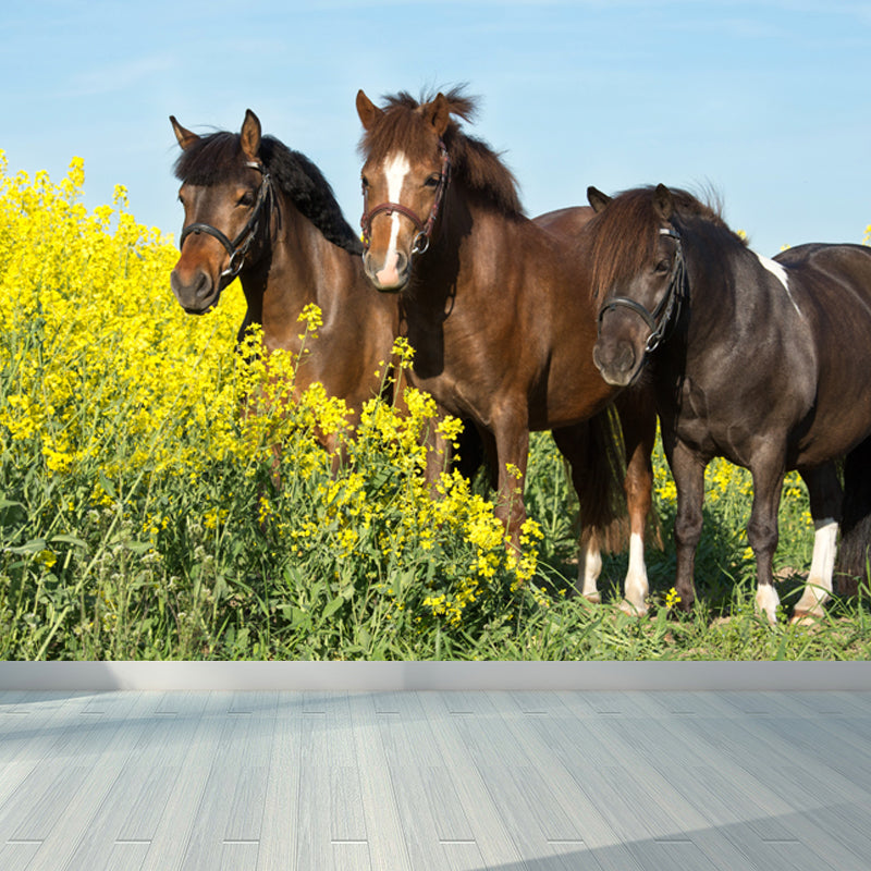 Horses Print Mural Decal Contemporary Non-Woven Texture Wall Art in Pastel Color Green Clearhalo 'Wall Decor' 'Wall Mural' 1637698