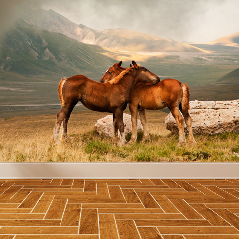 Horses Print Mural Decal Contemporary Non-Woven Texture Wall Art in Pastel Color Brown Clearhalo 'Wall Decor' 'Wall Mural' 1637708