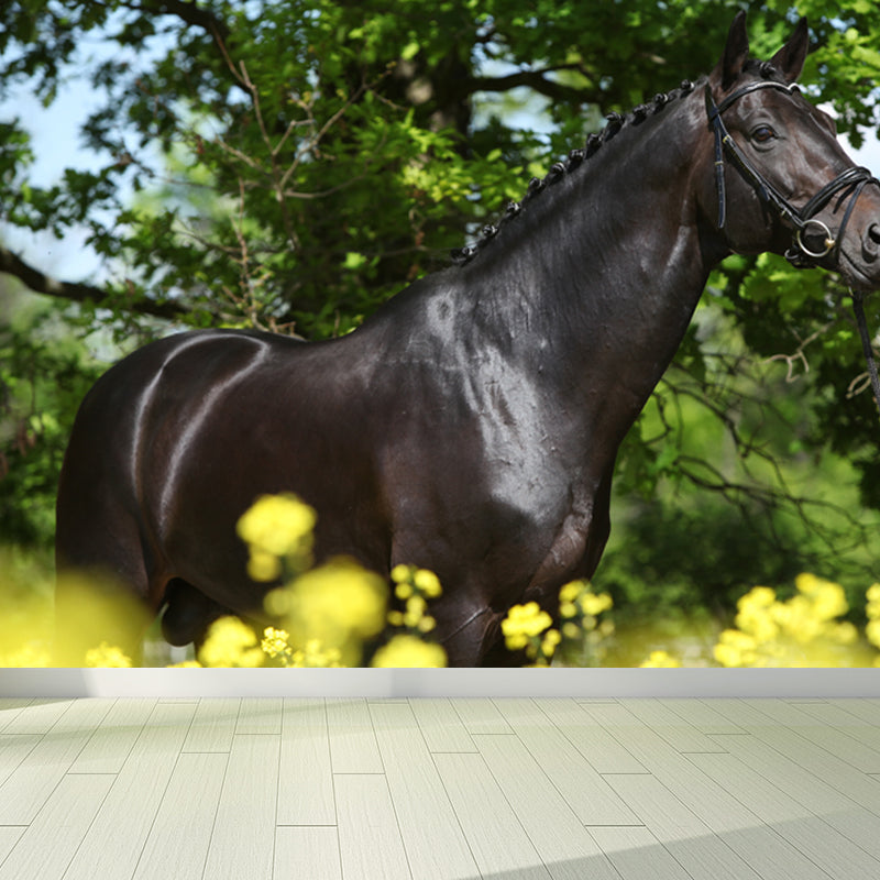 Contemporary Asian Horse Mural Wallpaper Light Color Nature Animals Wall Covering Clearhalo 'Wall Decor' 'Wall Mural' 1637754