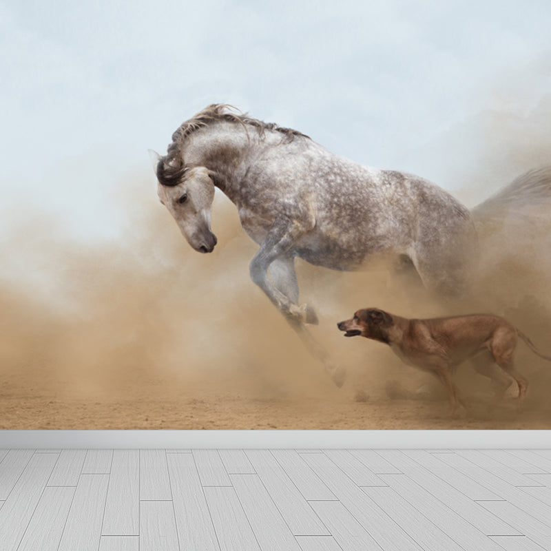 Contemporary Asian Horse Mural Wallpaper Light Color Nature Animals Wall Covering Clearhalo 'Wall Decor' 'Wall Mural' 1637759