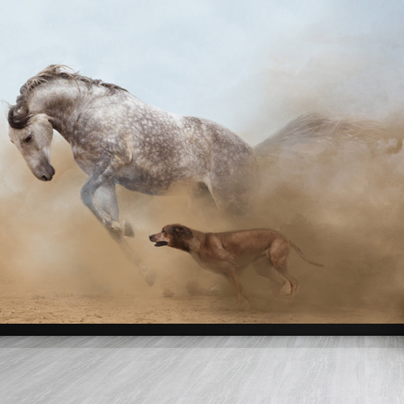 Contemporary Asian Horse Mural Wallpaper Light Color Nature Animals Wall Covering Clearhalo 'Wall Decor' 'Wall Mural' 1637760