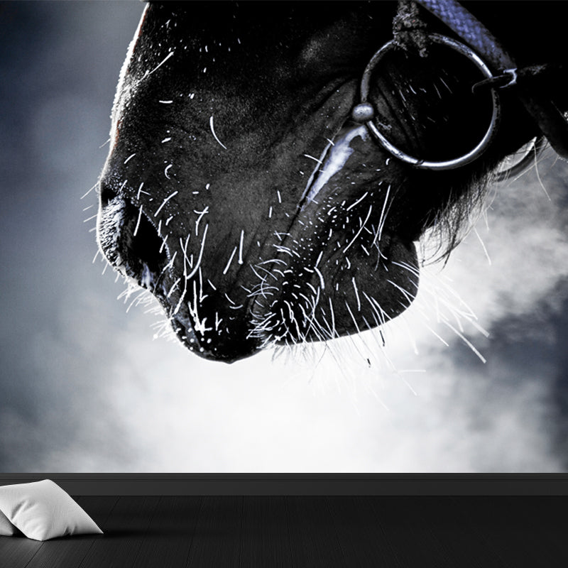 Contemporary Asian Horse Mural Wallpaper Light Color Nature Animals Wall Covering Black Clearhalo 'Wall Decor' 'Wall Mural' 1637763