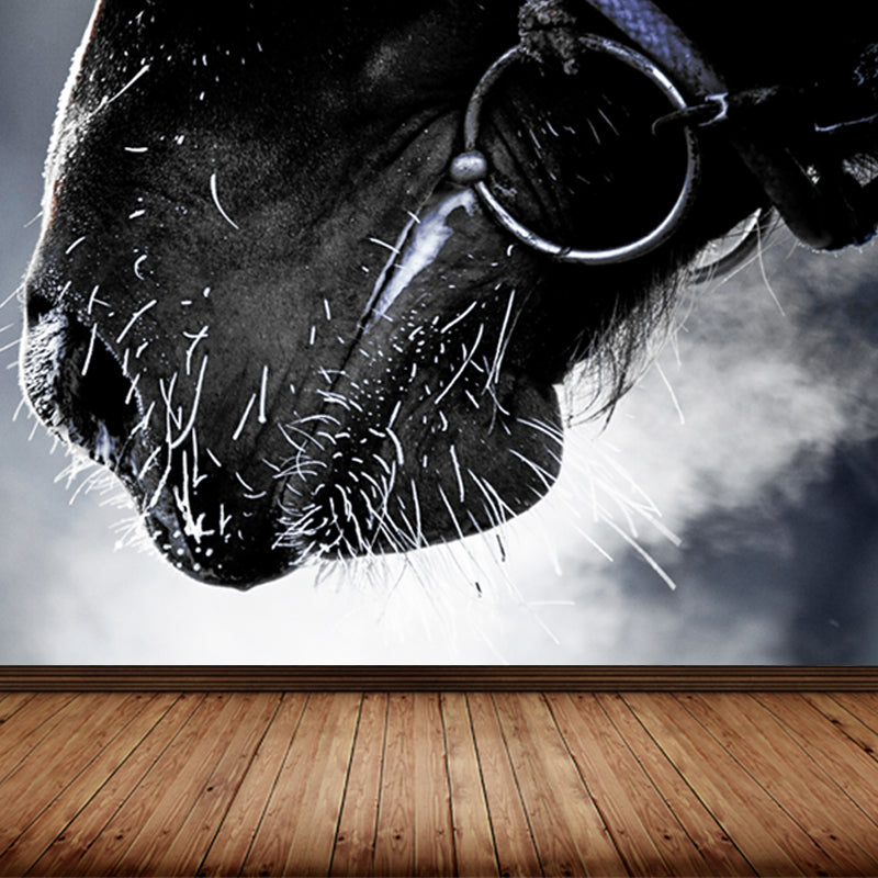 Contemporary Asian Horse Mural Wallpaper Light Color Nature Animals Wall Covering Clearhalo 'Wall Decor' 'Wall Mural' 1637765