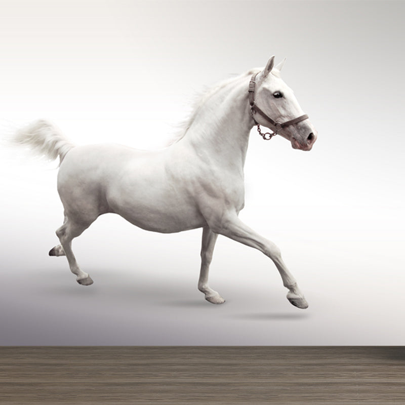Contemporary Asian Horse Mural Wallpaper Light Color Nature Animals Wall Covering White Clearhalo 'Wall Decor' 'Wall Mural' 1637768