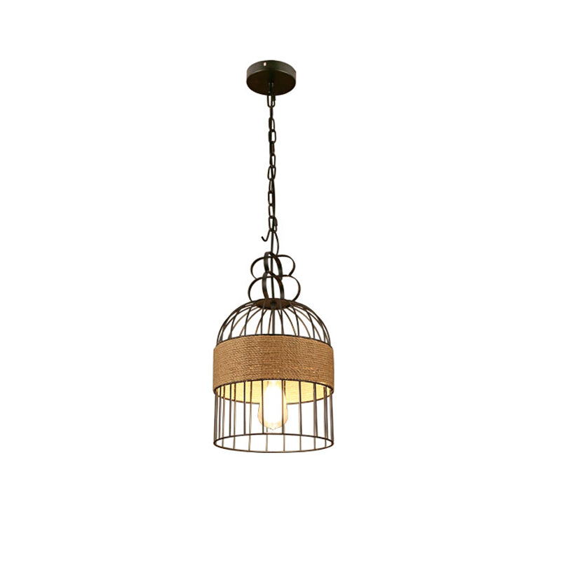 Industrial Bird Cage Hanging Lamp 1 Head Metal and Rope Hanging Light in Black for Restaurant Clearhalo 'Art Deco Pendants' 'Black' 'Cast Iron' 'Ceiling Lights' 'Ceramic' 'Crystal' 'Industrial Pendants' 'Industrial' 'Metal' 'Middle Century Pendants' 'Pendant Lights' 'Pendants' 'Rustic Pendants' 'Tiffany' Lighting' 163782