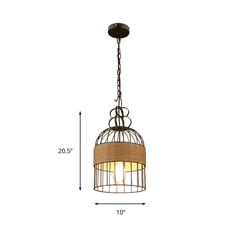 Industrial Bird Cage Hanging Lamp 1 Head Metal and Rope Hanging Light in Black for Restaurant Clearhalo 'Art Deco Pendants' 'Black' 'Cast Iron' 'Ceiling Lights' 'Ceramic' 'Crystal' 'Industrial Pendants' 'Industrial' 'Metal' 'Middle Century Pendants' 'Pendant Lights' 'Pendants' 'Rustic Pendants' 'Tiffany' Lighting' 163783